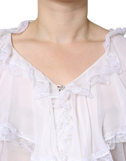 Dolce &amp; Gabbana White Ruffles Lace Long Sleeve Blouse Top