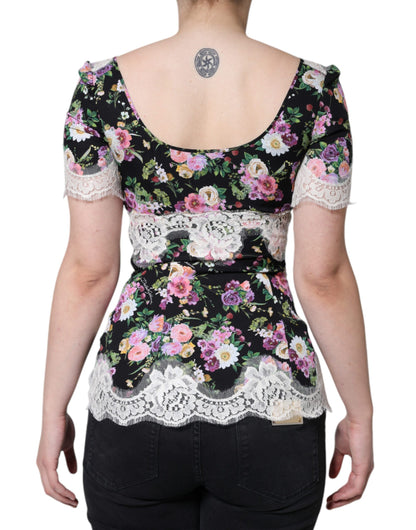 Dolce &amp; Gabbana Black Floral Lace Short Sleeves Blouse Top