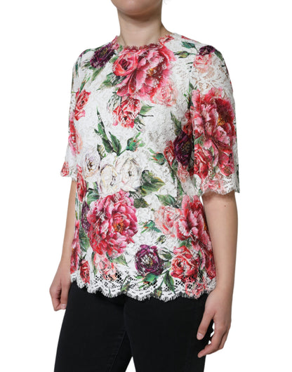 Dolce &amp; Gabbana White Peony Lace Short Sleeves Blouse Top