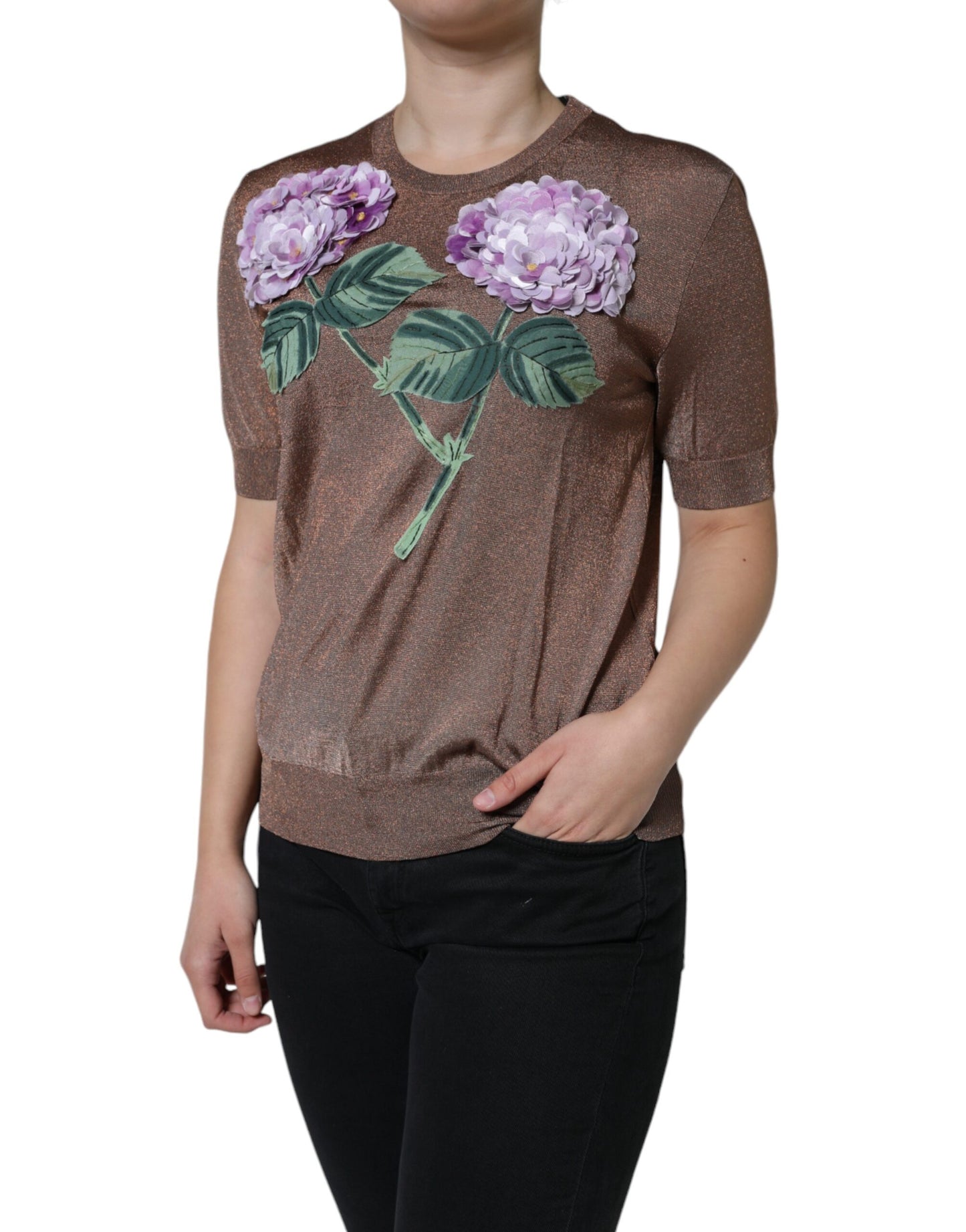 Dolce &amp; Gabbana Brown Floral Applique Viscose Short Sleeve Top