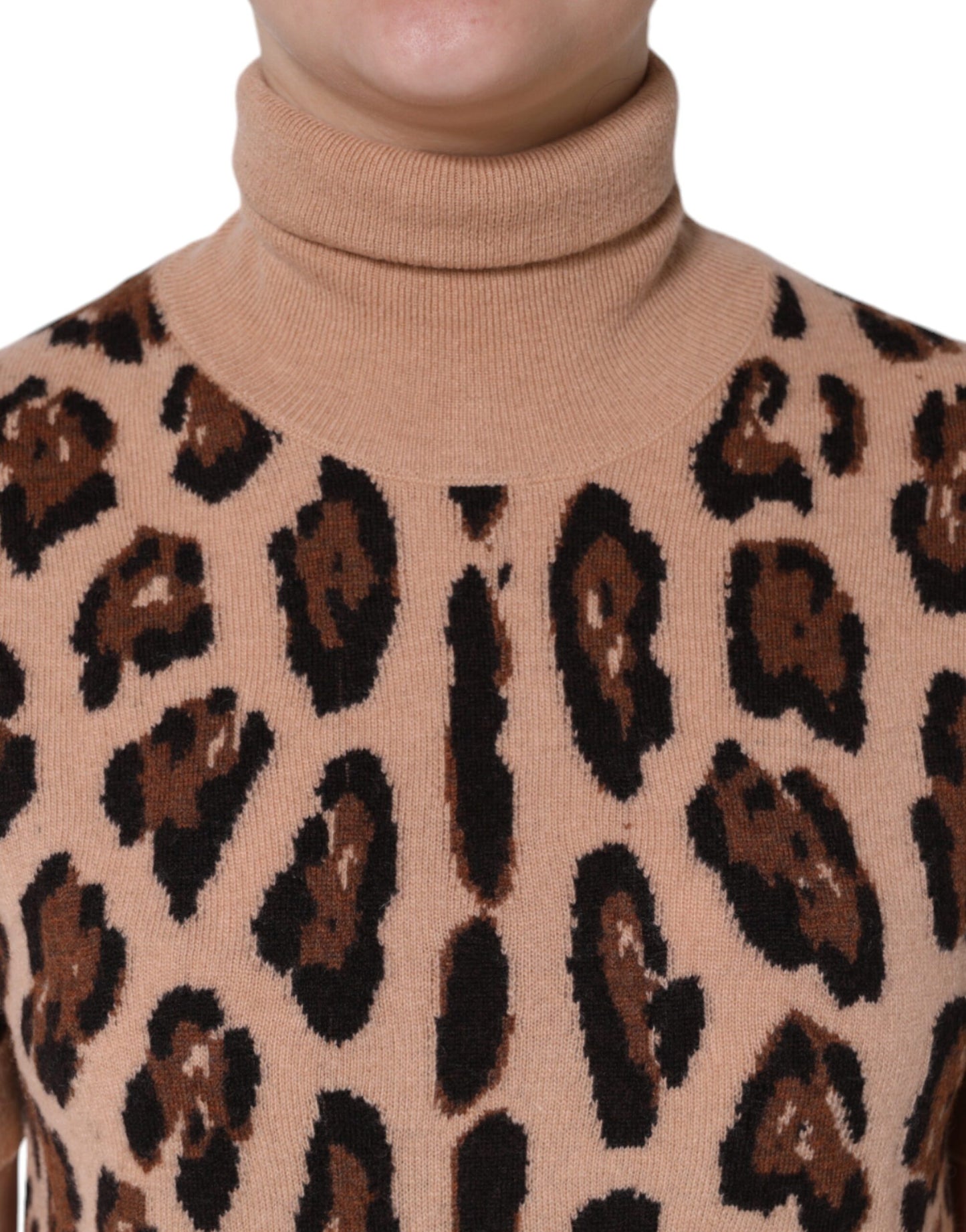 Dolce &amp; Gabbana Beige Leopard Print Wool Turtleneck Top