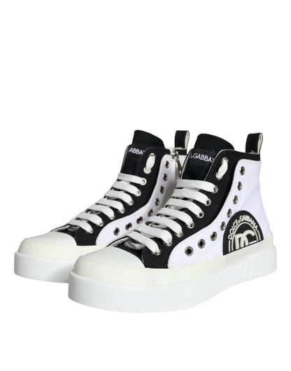 Dolce &amp; Gabbana White Black Canvas Logo Mid Top Sneakers Shoes