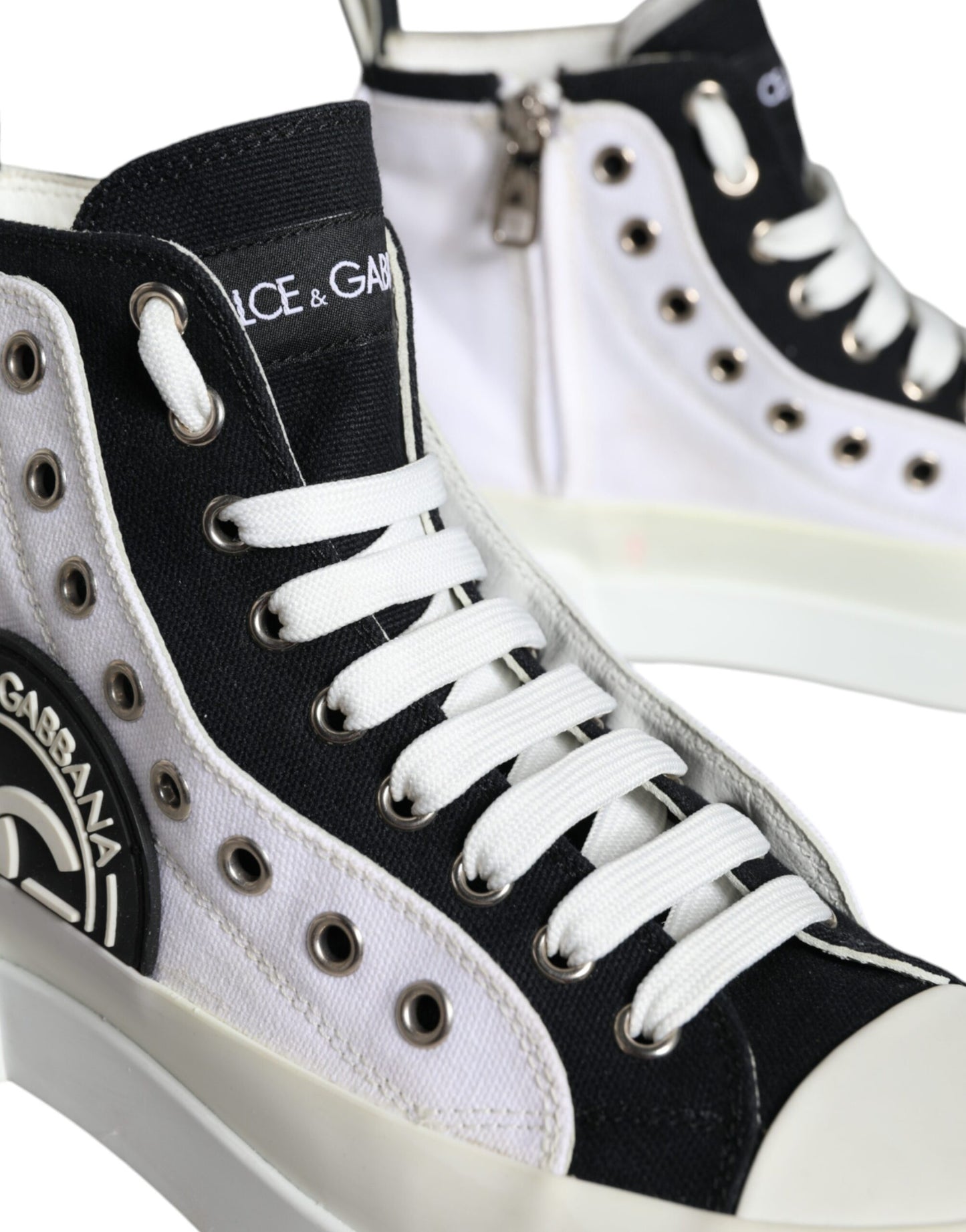 Dolce &amp; Gabbana White Black Canvas Logo Mid Top Sneakers Shoes