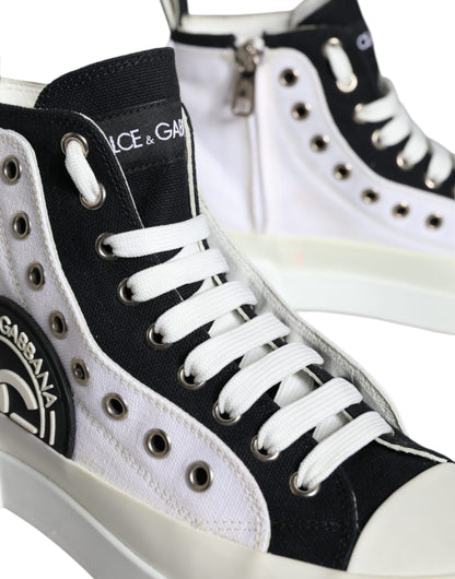 Dolce &amp; Gabbana White Black Canvas Logo Mid Top Sneakers Shoes