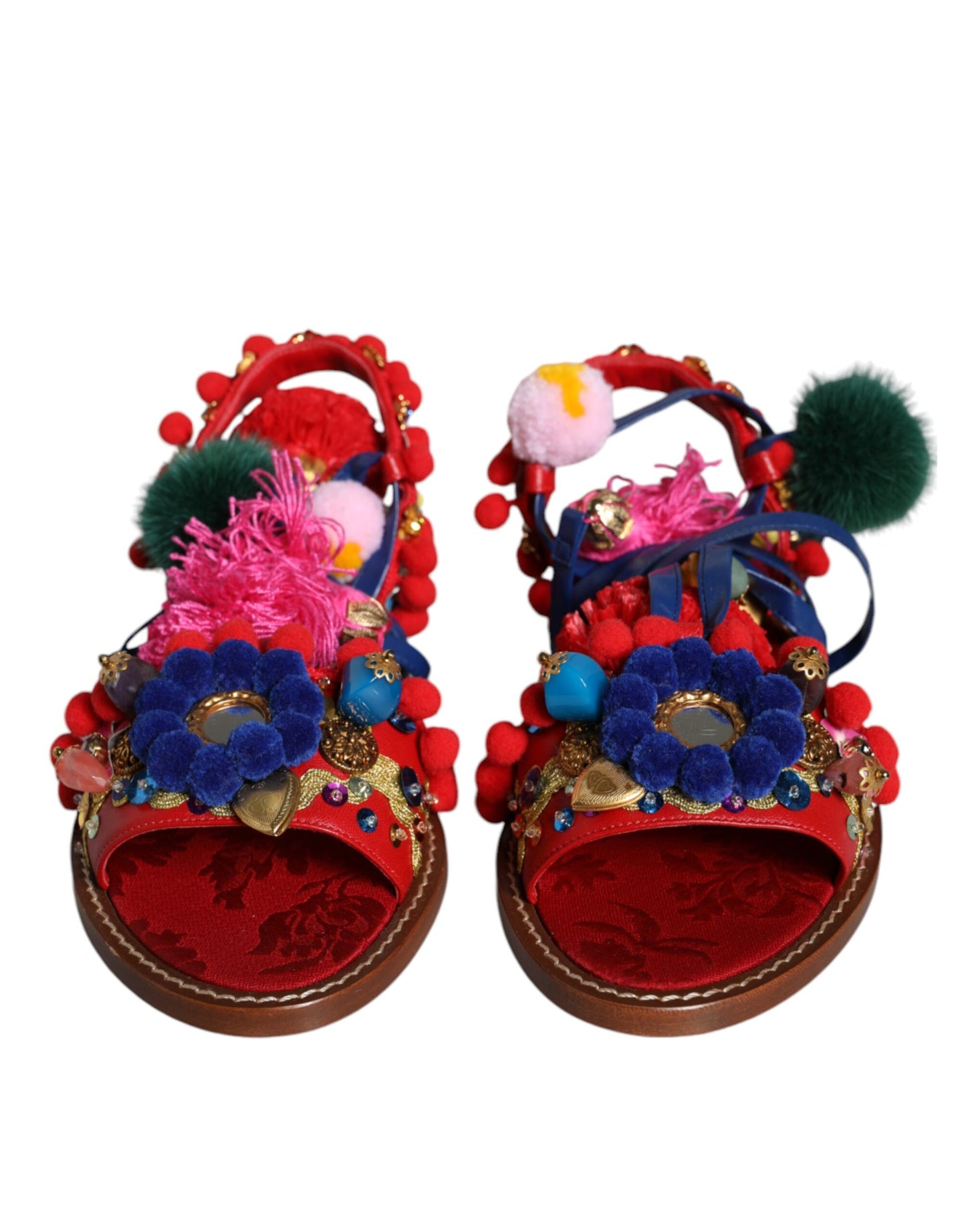 Dolce &amp; Gabbana Multicolor Pom Pom Fur Wrap Sandals Shoes