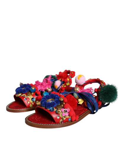 Dolce & Gabbana Multicolor Pom Pom Fur Wrap Sandals Shoes