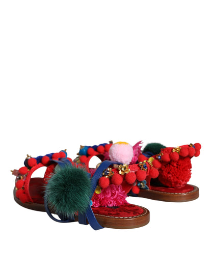 Dolce &amp; Gabbana Multicolor Pom Pom Fur Wrap Sandals Shoes