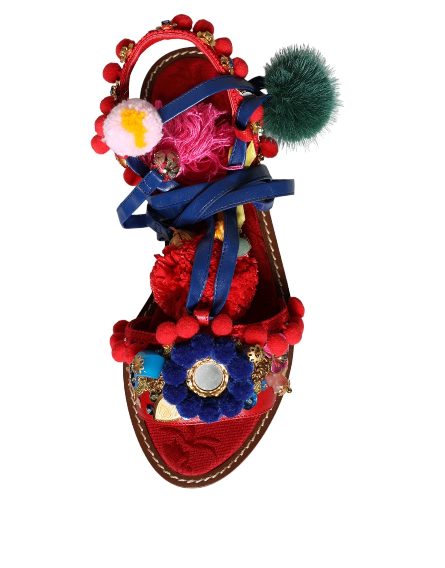 Dolce &amp; Gabbana Multicolor Pom Pom Fur Wrap Sandals Shoes