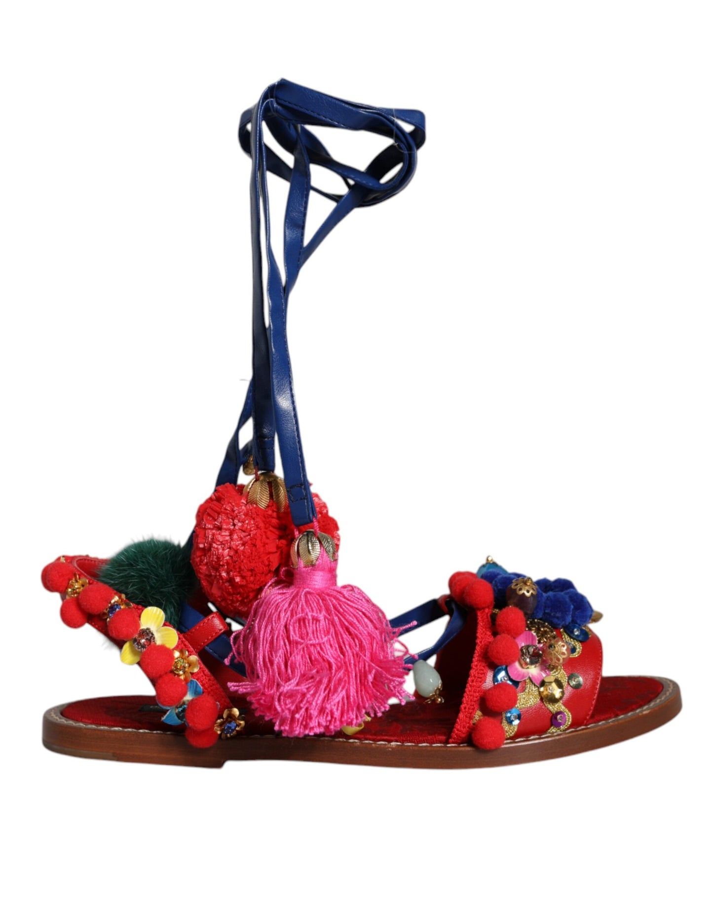 Dolce &amp; Gabbana Multicolor Pom Pom Fur Wrap Sandals Shoes