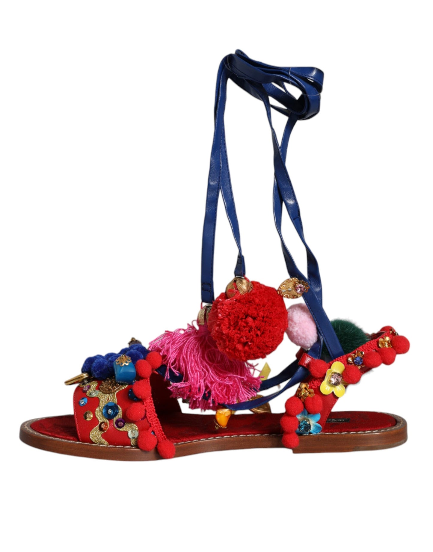 Dolce &amp; Gabbana Multicolor Pom Pom Fur Wrap Sandals Shoes