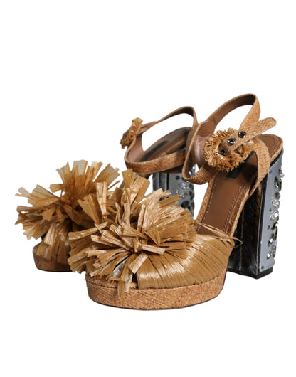 Dolce &amp; Gabbana Brown Raffia Ankle Strap Crystal Sandals Shoes