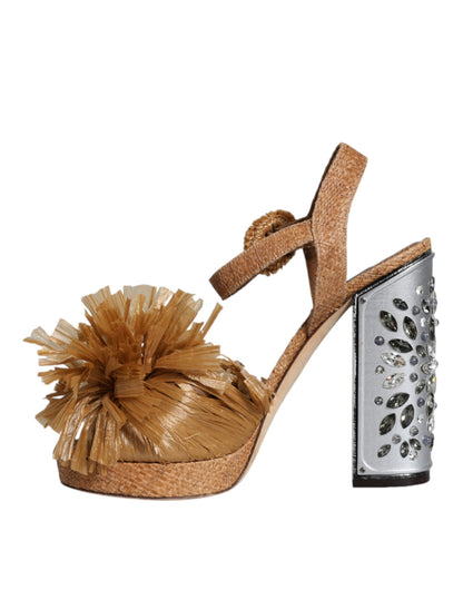 Dolce &amp; Gabbana Brown Raffia Ankle Strap Crystal Sandals Shoes