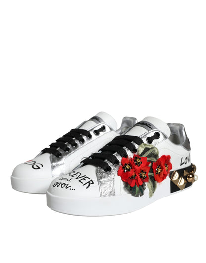 Dolce &amp; Gabbana White Leather Floral Studded Sneakers Shoes