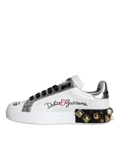 Dolce &amp; Gabbana White Leather Floral Studded Sneakers Shoes