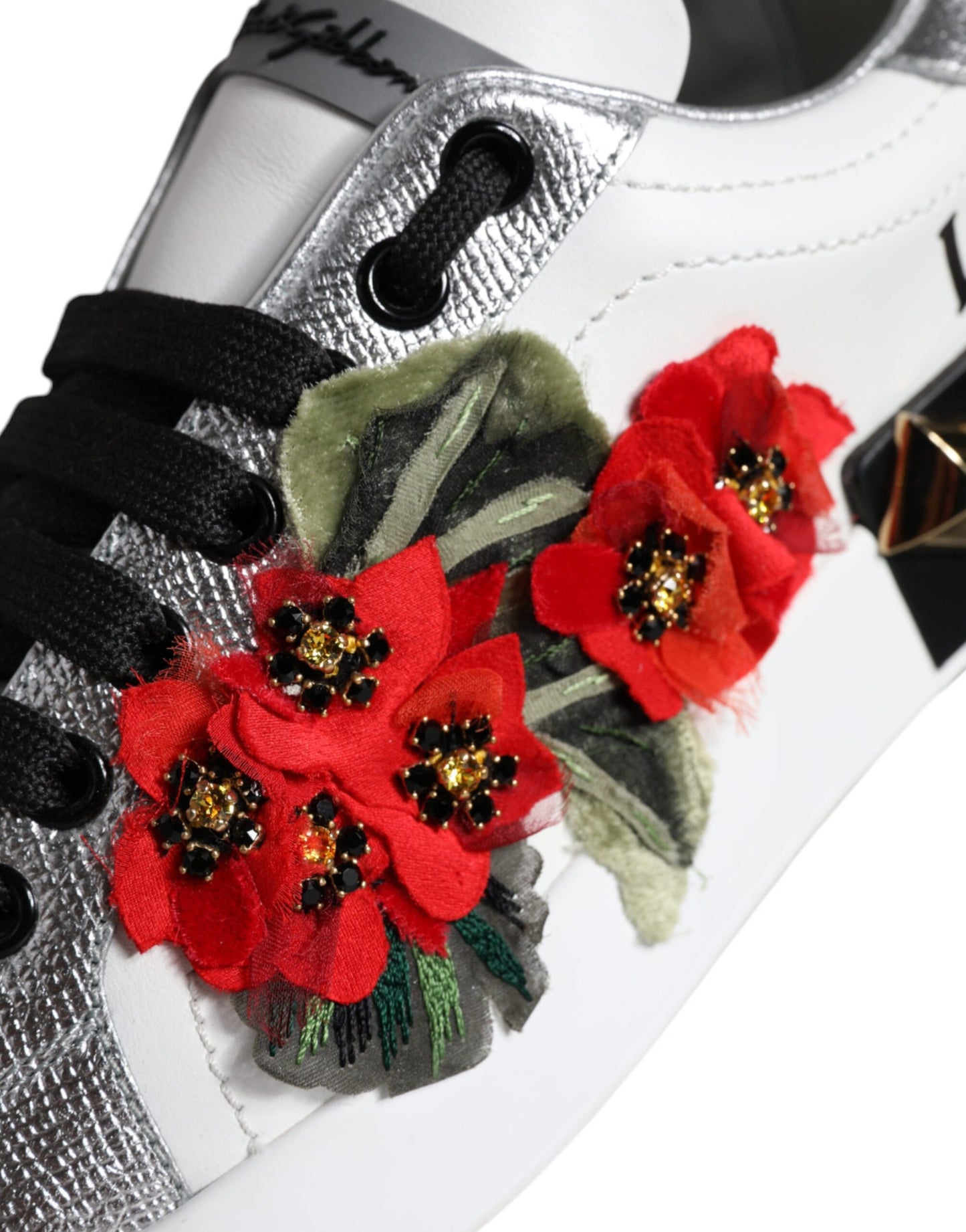 Dolce &amp; Gabbana White Leather Floral Studded Sneakers Shoes