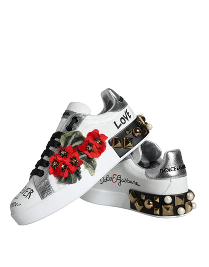 Dolce &amp; Gabbana White Leather Floral Studded Sneakers Shoes