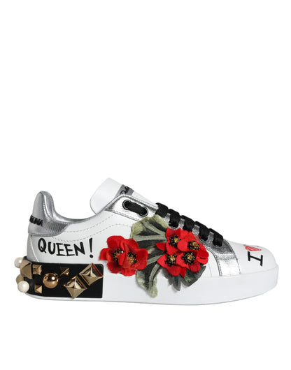 Dolce &amp; Gabbana White Leather Floral Studded Sneakers Shoes