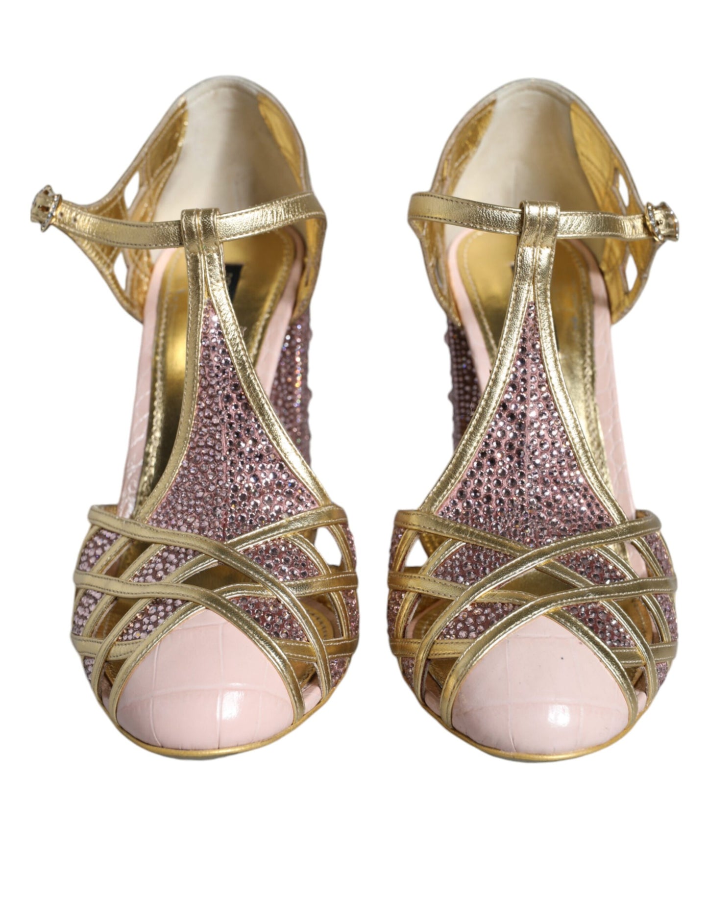 Dolce &amp; Gabbana Pink Rhinestone Crystals T-strap Sandals Shoes