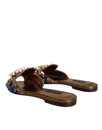 Dolce &amp; Gabbana Multicolor Jacquard Embellished Slides Flats Shoes