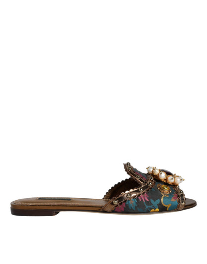 Dolce &amp; Gabbana Multicolor Jacquard Embellished Slides Flats Shoes