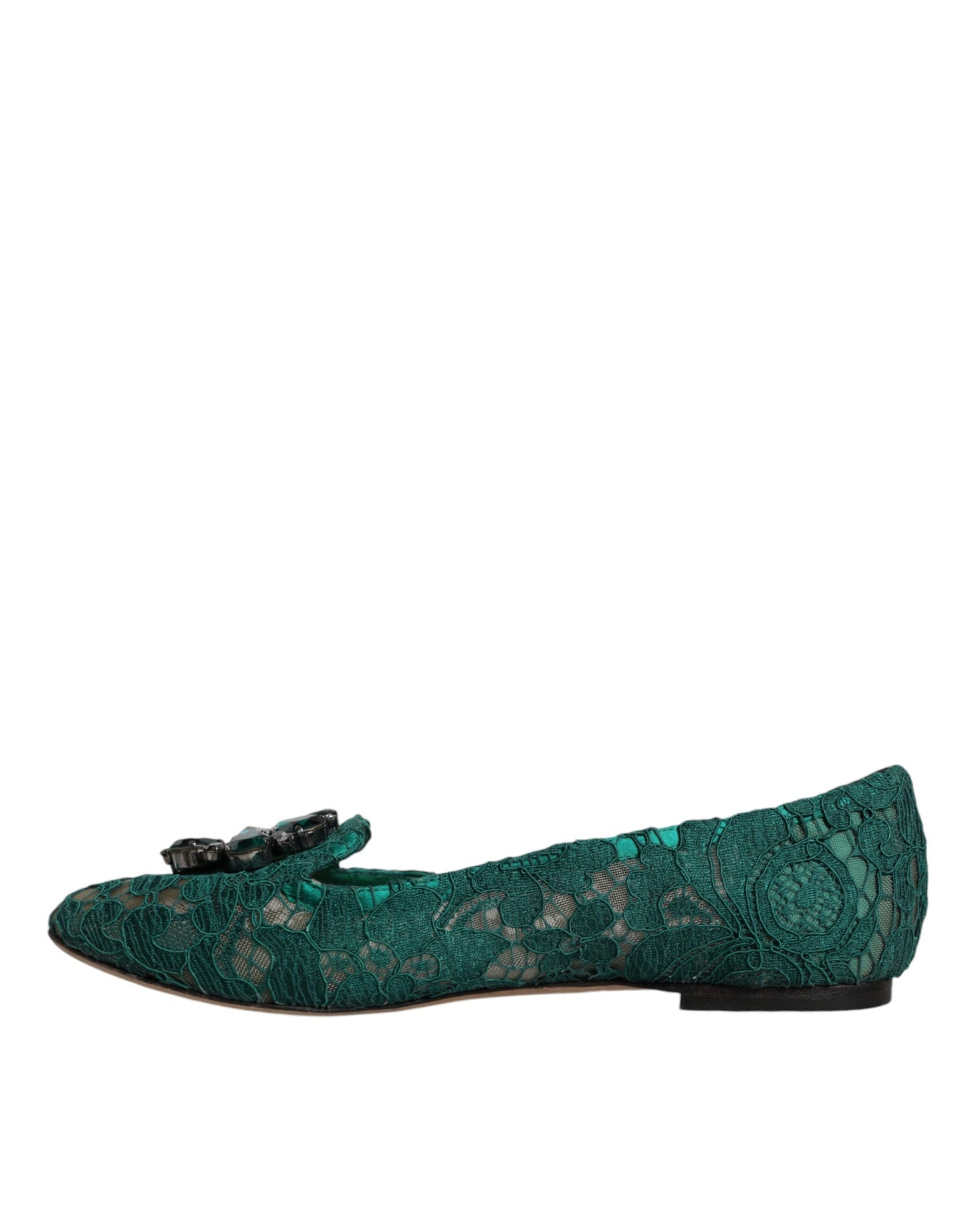 Dolce &amp; Gabbana Green Lace Crystal Ballet Flats Loafers Shoes