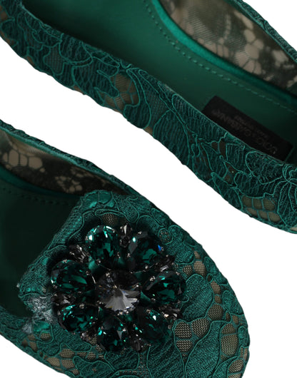 Dolce &amp; Gabbana Green Lace Crystal Ballet Flats Loafers Shoes