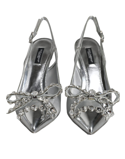 Dolce &amp; Gabbana Silver Mesh Crystal Embellished Slingback Shoes