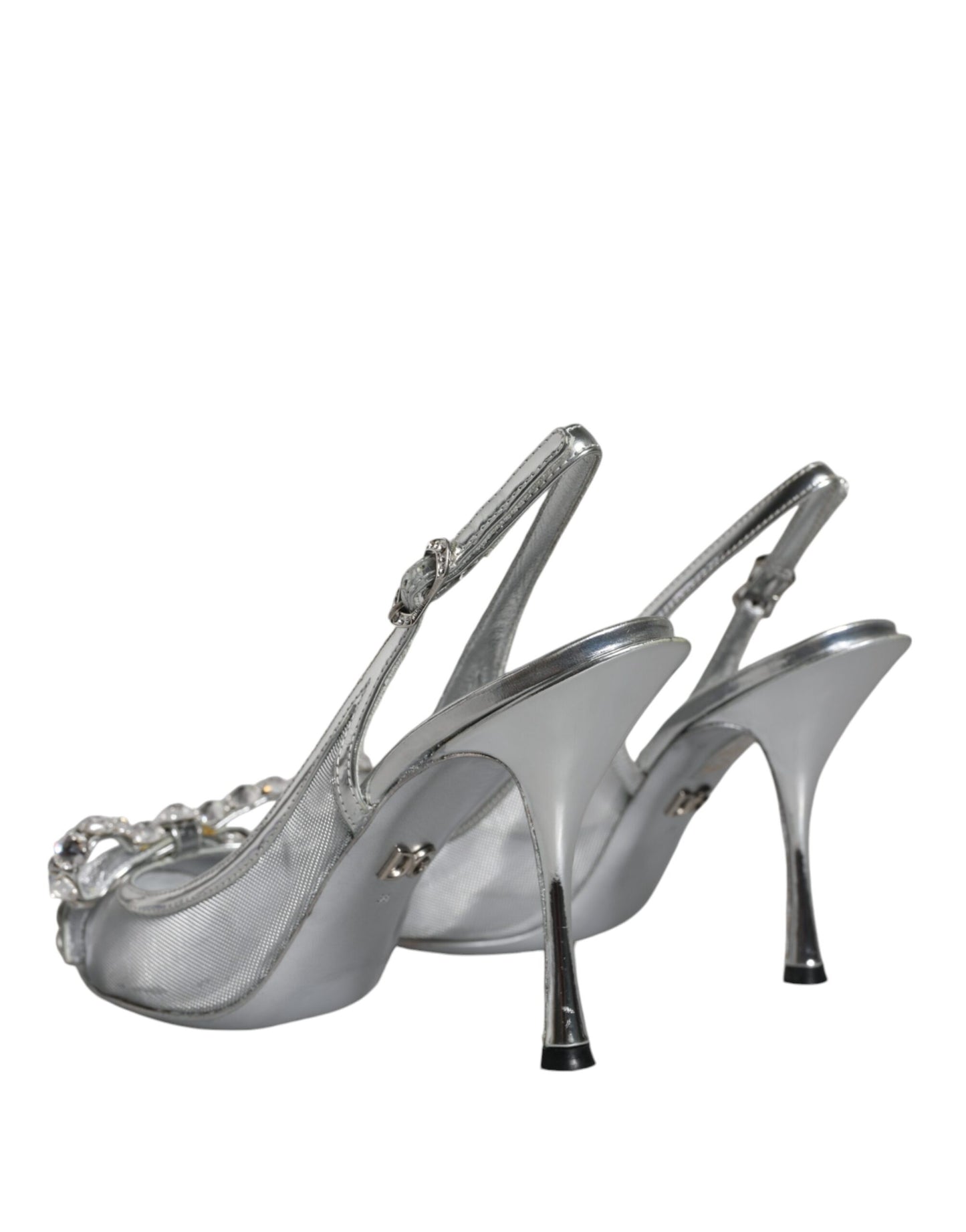 Dolce &amp; Gabbana Silver Mesh Crystal Embellished Slingback Shoes