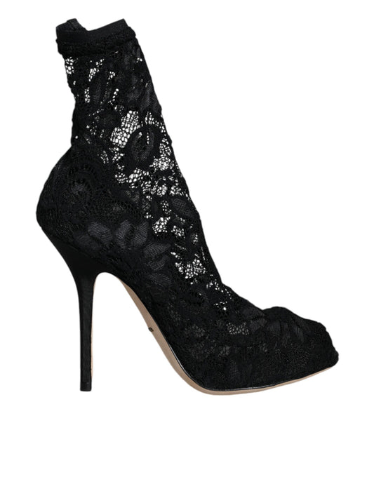 Dolce &amp; Gabbana Black Lace Stretch Heels Mid Calf Boot Shoes