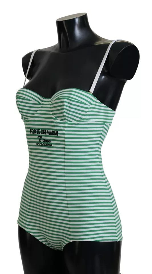 Dolce &amp; Gabbana White Green Stripes One Piece Beachwear Swimwear