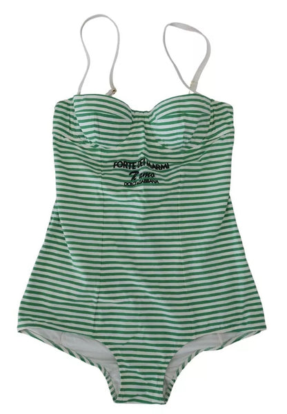 Dolce &amp; Gabbana White Green Stripes One Piece Beachwear Swimwear