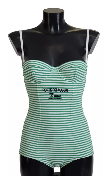 Dolce &amp; Gabbana White Green Stripes One Piece Beachwear Swimwear