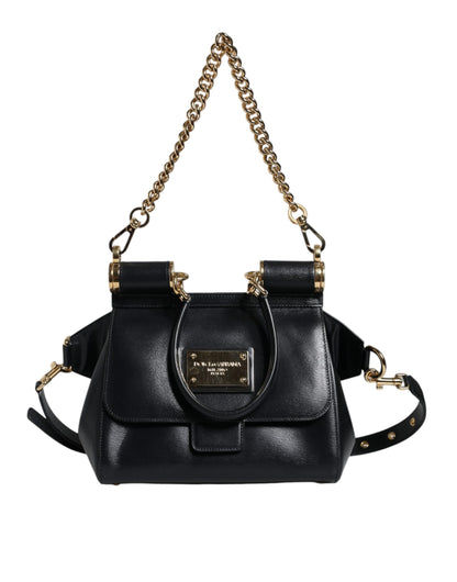 Dolce &amp; Gabbana Black Calfskin Leather SICILY Chain Strap Crossbody Bag