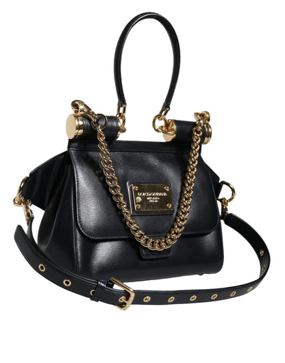 Dolce &amp; Gabbana Black Calfskin Leather SICILY Chain Strap Crossbody Bag