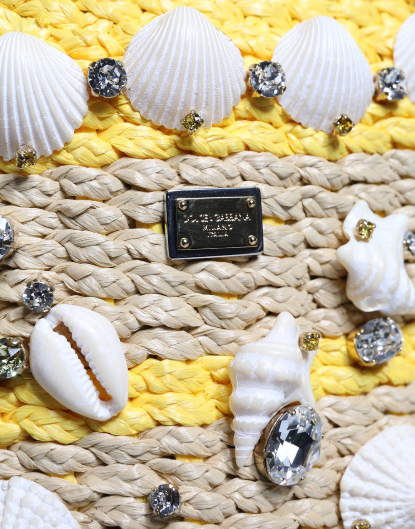 Dolce & Gabbana Beige Yellow Rafia Seashells Crystal Bucket Bag