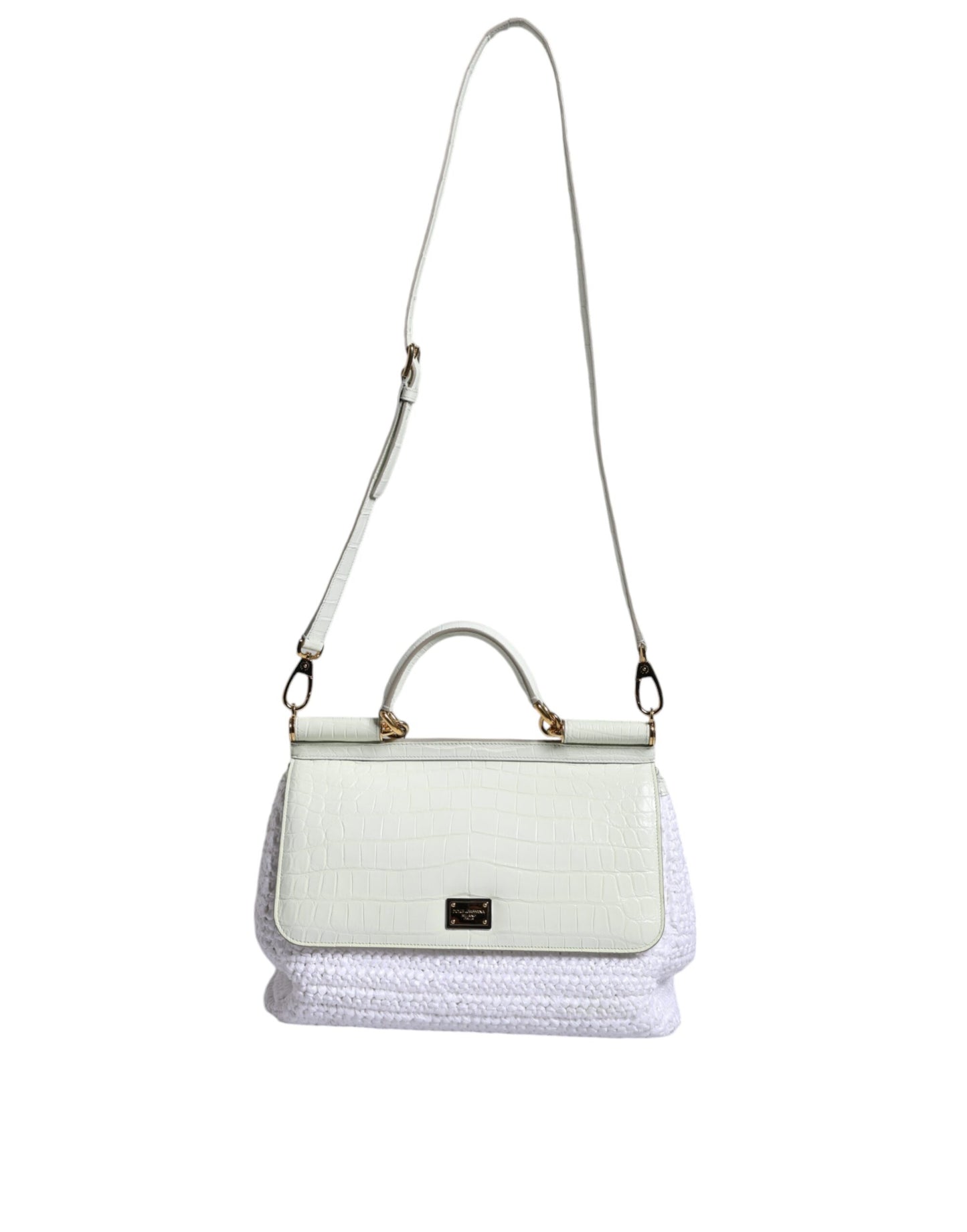 Dolce &amp; Gabbana White Rafia Leather Top Handle Crossbody Bag