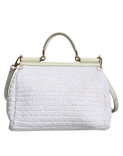 Dolce &amp; Gabbana White Rafia Leather Top Handle Crossbody Bag