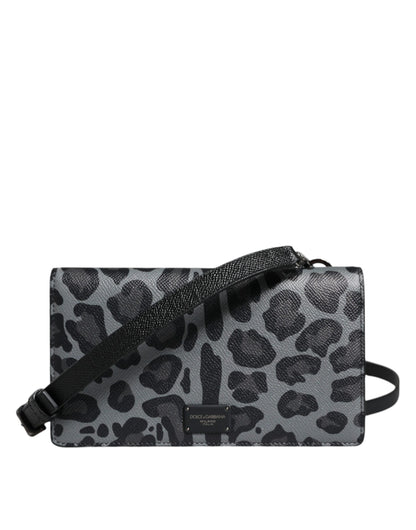 Dolce &amp; Gabbana Black Gray Leopard Leather Bifold Card Slot Crossbody Bag