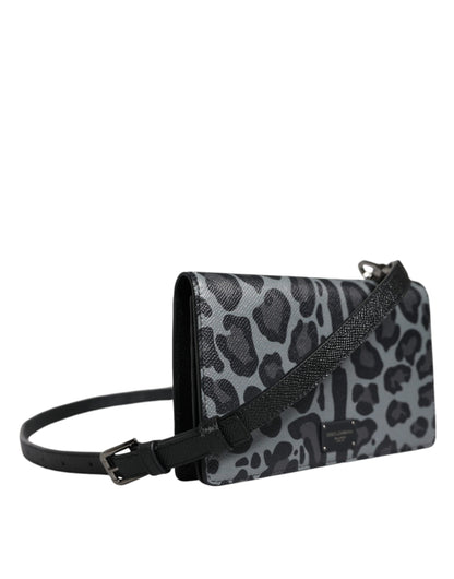 Dolce &amp; Gabbana Black Gray Leopard Leather Bifold Card Slot Crossbody Bag