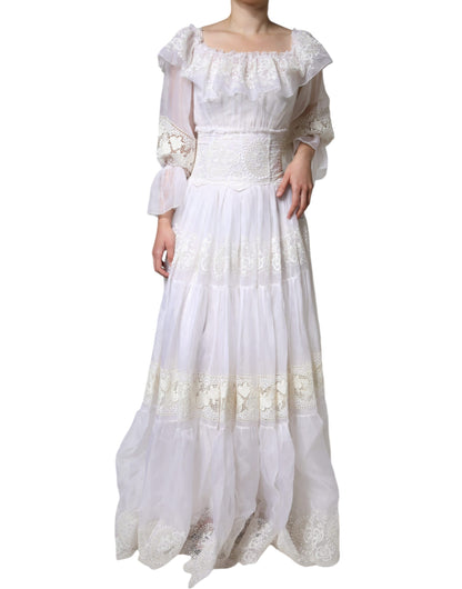 Dolce &amp; Gabbana White Floral Lace Corset Cotton Maxi Dress