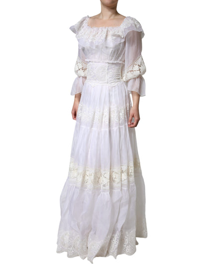 Dolce &amp; Gabbana White Floral Lace Corset Cotton Maxi Dress