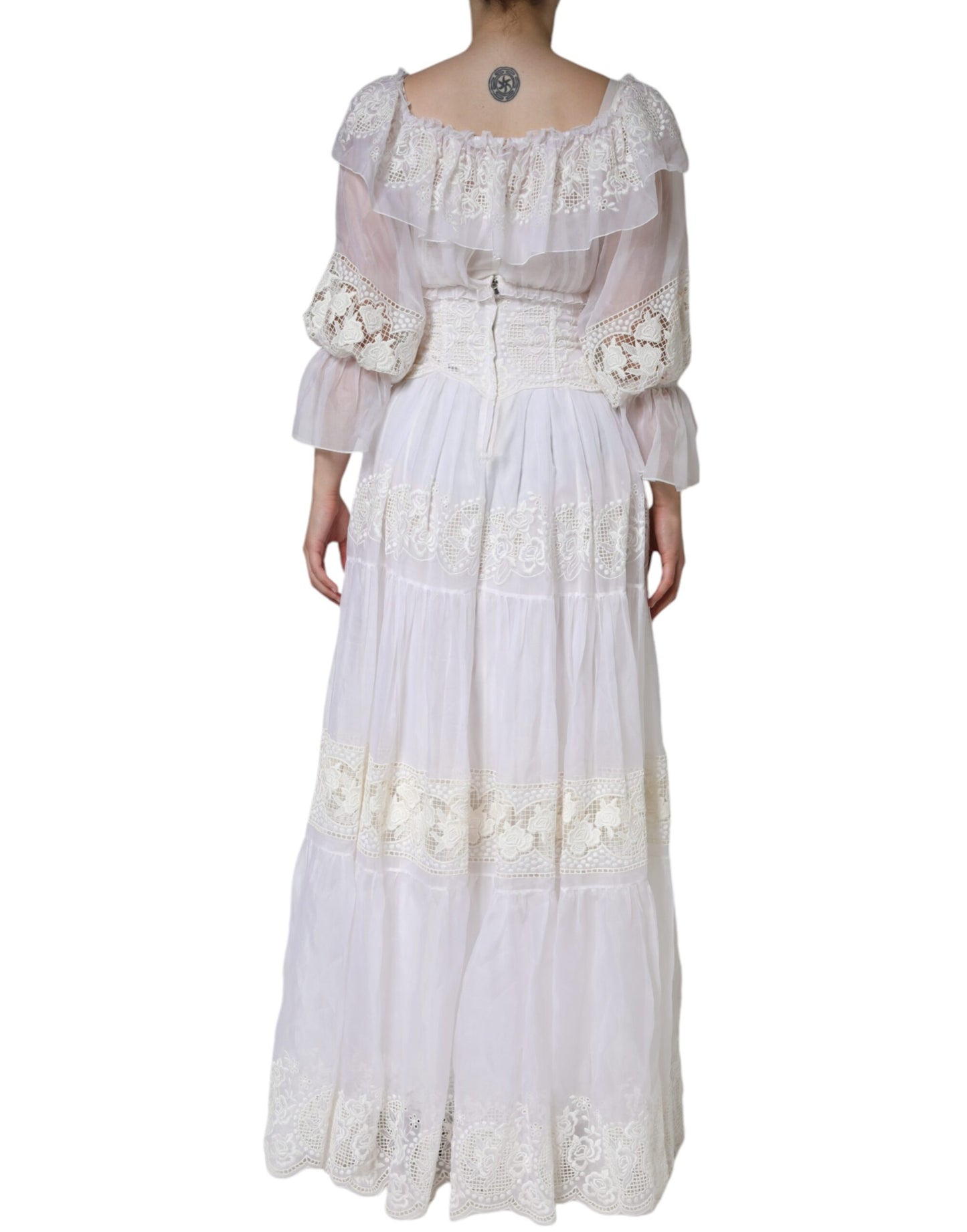 Dolce &amp; Gabbana White Floral Lace Corset Cotton Maxi Dress