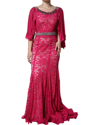 Dolce &amp; Gabbana Pink Lace Crystal Sheath Long Gown Dress