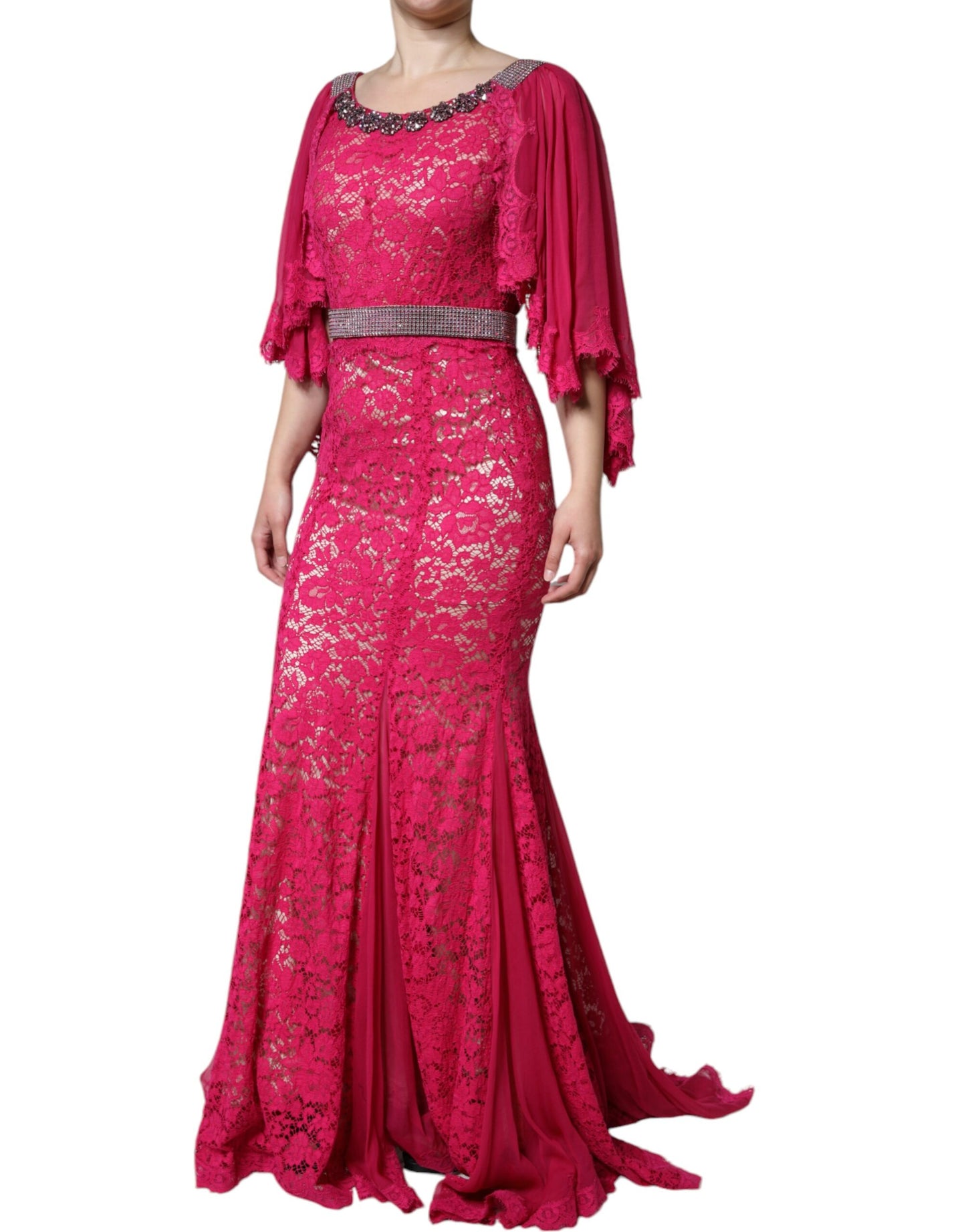 Dolce &amp; Gabbana Pink Lace Crystal Sheath Long Gown Dress