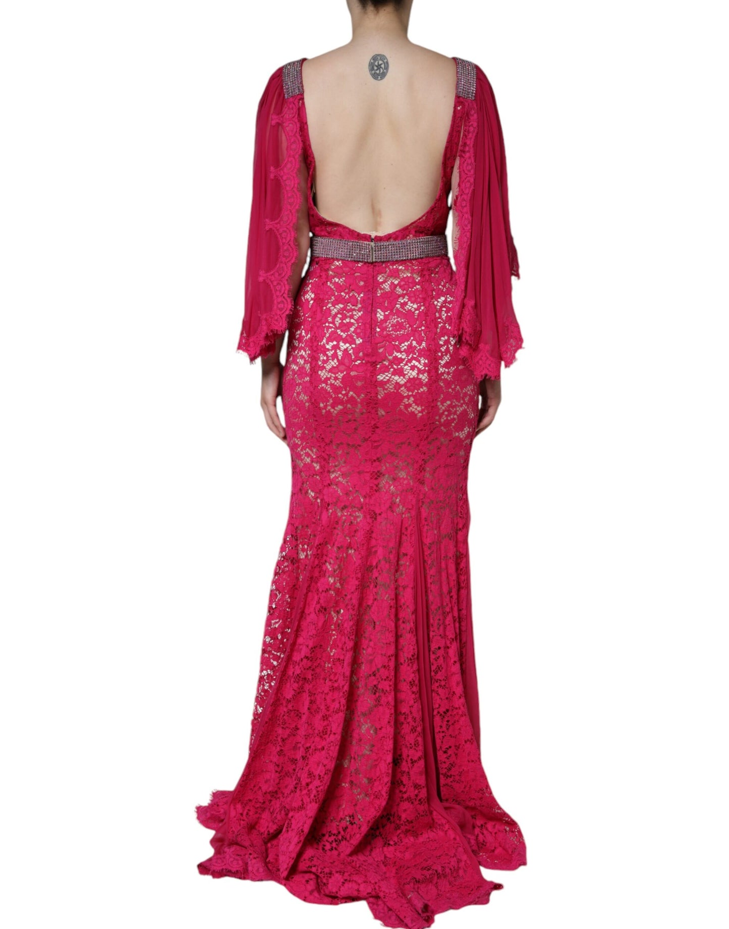 Dolce &amp; Gabbana Pink Lace Crystal Sheath Long Gown Dress