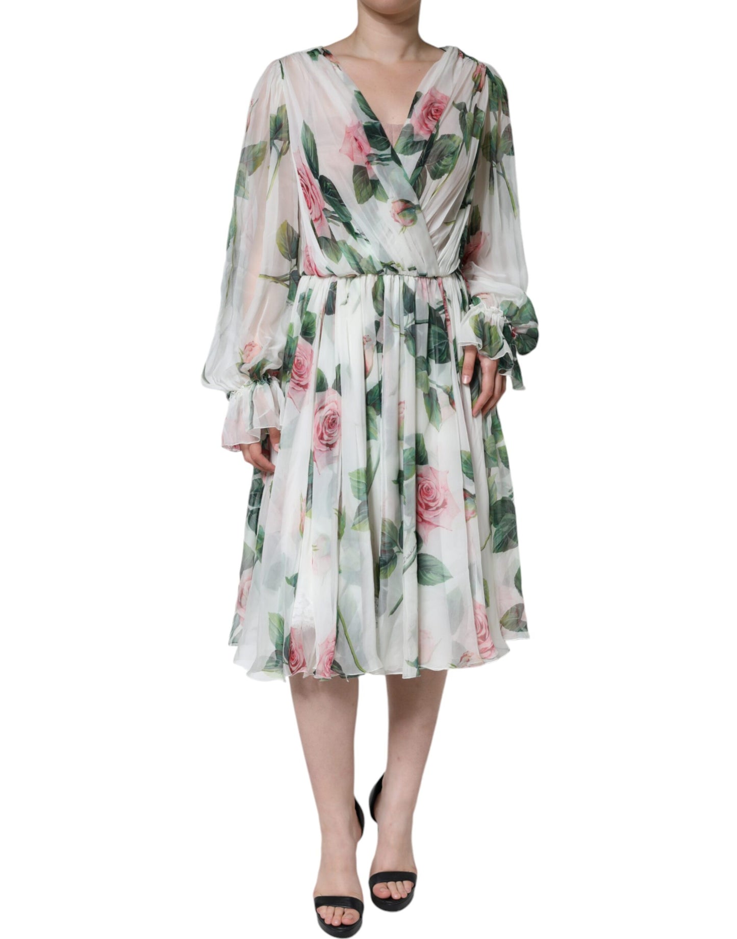 Dolce &amp; Gabbana White Silk Floral Print A-line Midi Dress