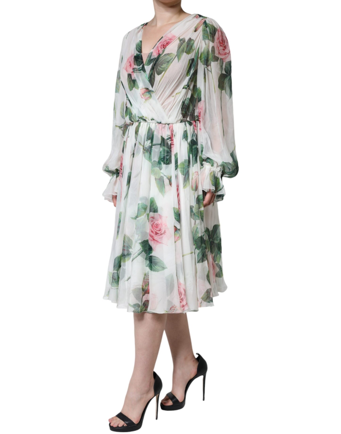 Dolce &amp; Gabbana White Silk Floral Print A-line Midi Dress