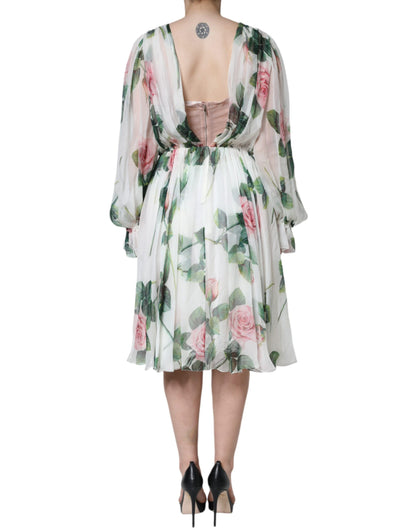 Dolce &amp; Gabbana White Silk Floral Print A-line Midi Dress