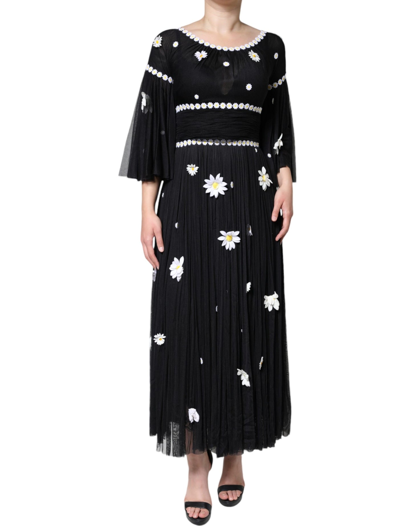 Dolce &amp; Gabbana Black Silk Daisy A-line Long Maxi Dress