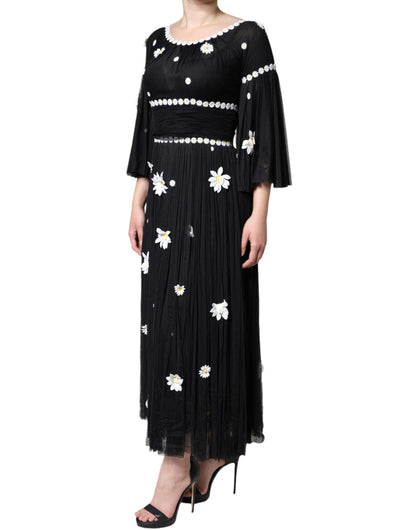 Dolce &amp; Gabbana Black Silk Daisy A-line Long Maxi Dress